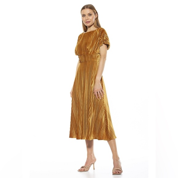 ALEXIA ADMOR Veronica Gold Pleated Velvet Midi Dress size S Wedding Party Event - Picture 2 of 11